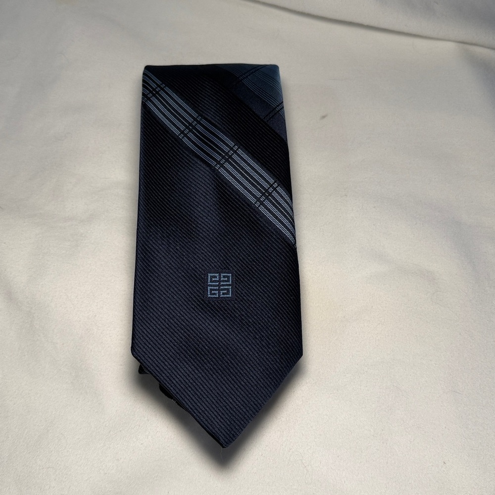 Vintage Givenchy Blue and Gray Lined Tie Gentlemen Paris Polyester